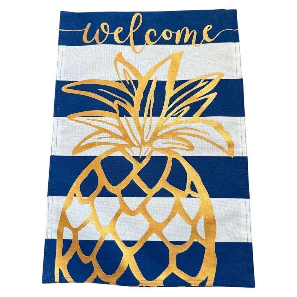 Evergreen Garden Yard Flag Gold Pineapple Welcome Navy White Stripe NWOT